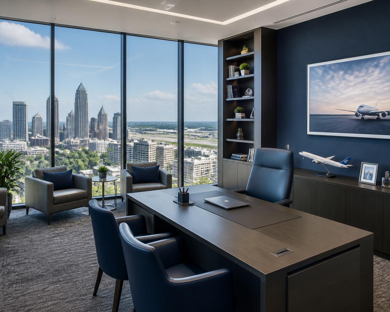 Modern private office suite near Atlanta airport with skyline view and floor-to-ceiling windows