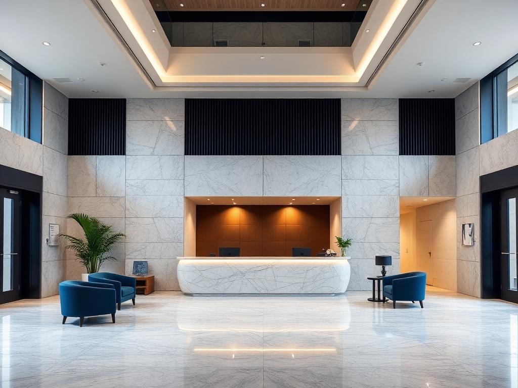 Bright professional reception lobby with staffed front desk at Atlanta Airport Office Suites